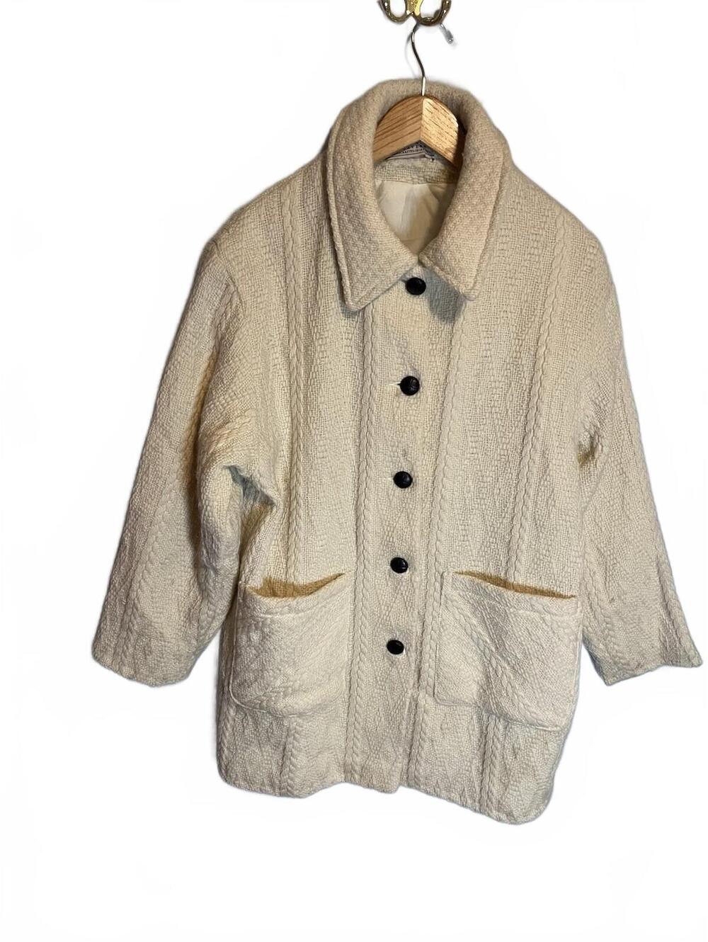 BOYNE VALLEY WEAVERS IRELAND Ivory WOVEN WOOL MID LENGTH COAT Cable Knit L/XL